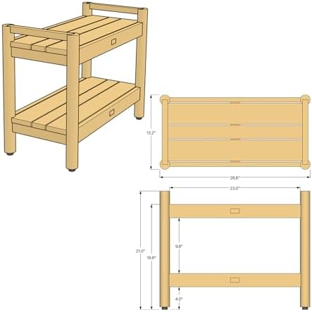 Asta Select Solid Teak 26" Shower Bench with Arms, Portable Teak Wood Spa/Shower/Outdoor Bench with Storage Shelf, Accent Side Table, Fully Assembled, ST-62A