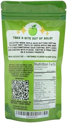 Bear Necessities Sour Buttons – Apple Flavor Dutch Candy | Tart & Sweet Sour Gummies Made in the Netherlands | Tangy Green Apple Flavor, Soft Texture & Sugar Coating | Gourmet Candy Treat – 8 Ounce Bag