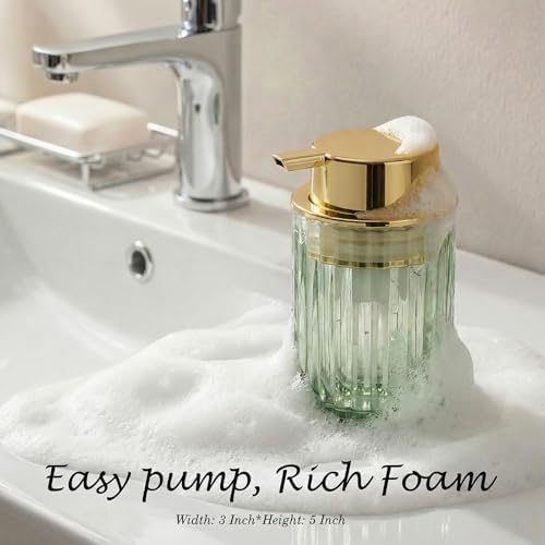 Amolliar Foaming Soap Dispenser, 8OZ Green Glass Soap Dispenser with Plastic Pump, Refillable Hand Soap Dispenser for Bathroom, Kitchen, Shower, Lotion, Dish Soap Dispenser, Home Decor, Gold 2 Pack
