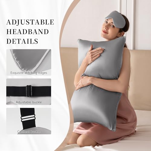 THXSILK Sleep Mask 100% 19 Momme Pure Mulberry Silk Super Smooth Cooling Sleep Eye Mask Blackout for Women/Man/Kids Eye Cover with Wide Head Strap Good Night Sleep Comfortable Travel and Nap, Grey