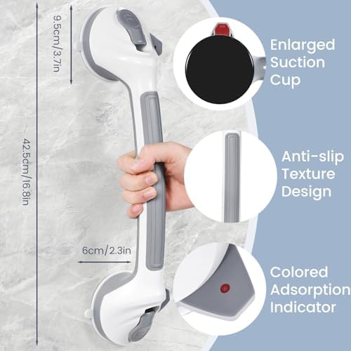 Grab Bars for Shower, 16.5 Inch Shower Handle with Safety Indicators, Suction Cup Bathroom Grab Bar for Elderly, Seniors, Handicap - No Drill, Waterproof, Removable (2 Pack)