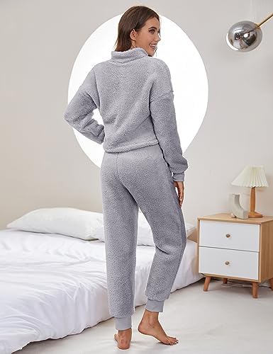 Womens Winter Pajamas Sets Soft Comfy Fleece Pullover Sherpa Pants Fuzzy 2 Piece Pjs Set Cute Warm Loungewear