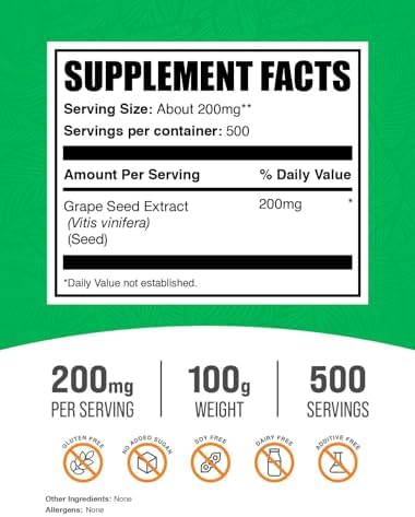 BulkSupplements.com Grape Seed Extract Powder - Antioxidant Supplement, Herbal Supplement - Vegan & Gluten Free, 200mg per Serving, 100g (3.5 oz) (Pack of 1)