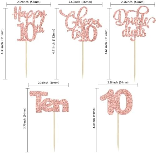 30 Pack Happy 10th Birthday Cupcake Toppers - Glitter Double Digits Cheers to 10 Years Old Cupcake Picks for Anniversary Party Cake Decorations - Rose Gold