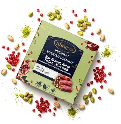 Atici Lokum Authentic Turkish Delight 8oz – Gourmet Vegan Sweets, Gluten-Free, Halal Soft Chewy Candy Gift Box | Traditional Premium Lokum Loukoumi Imported from Turkey (Pomegranate Flavored with Pistachio Roll Candies)