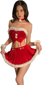ZYTC Santa Lingerie Anime Cosplay Costume Women Sexy Outfits Christmas Mini Skirt Strapless Top Pompom Cute Bow Red Bodysuit