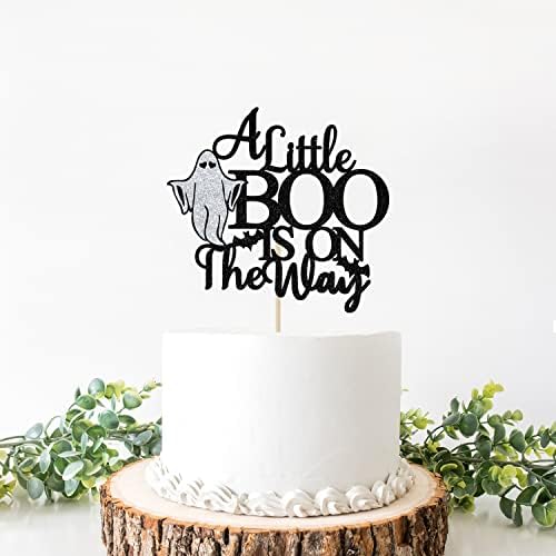 A Little Boo is on The Way Cake Topper, Halloween Baby Shower Cake Decorations, Little Boo, Halloween Themed Baby Shower Party Decorations (Black Glitter)