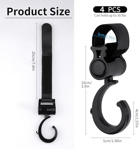 4PCS Walker Hook Hanging, 360°Multipurpose Rotation Stroller Clip Diaper Bag Hanger, Walker Accessories for Rollators, Crutches, Wheelchairs, Shopping Carts, Bike Handles