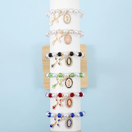 Stretchy Virgin Mary Bracelet with Cross Charm - Multi-Color Pearl Crystal Beaded Catholic Religious Jewelry for Women, Christian Gift for Baptism Confirmation First Communion