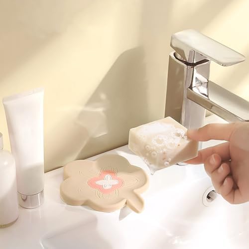 Flower Cute Soap Dish, Artistic Silicone Soap Holder with Drain, Decorative Soap Dish for Bathroom Sink, Kitchen, Bathtub Soap Dish for Gift/Handmade Soap (Pink)