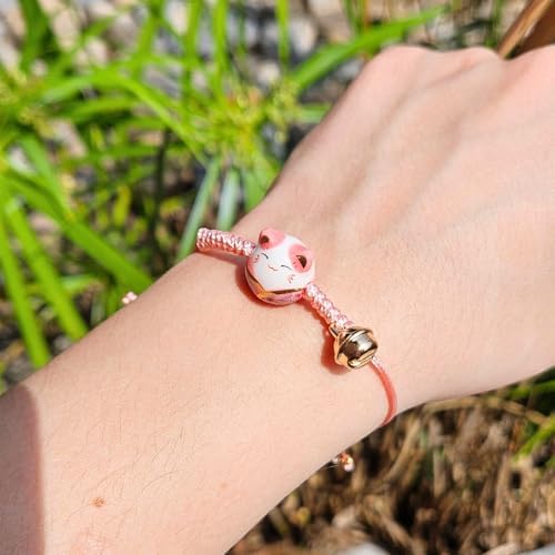 Omky Lucky Cat Maneki Neko Bacelet Adjustable | 6 Colors | Ceramic Bead (Pink)