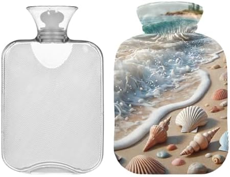 Seashells on The Beach Beige Hot Water Bottles with Soft Velvet Cover Hot Water Bag for Hot and Cold Compress, 1 Liters
