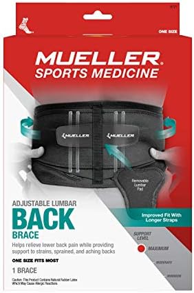 MUELLER Sports Medicine Adjustable Lumbar Back Brace, Lower Back Pain Relief and Support Belt for Men and Women, Black, One Size Fits Most