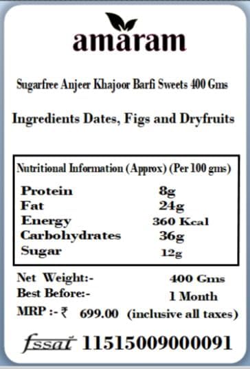 Amaram by Ghasitaram Sugarfree Anjeer Khajoor Barfi Sweets Gift, 400g|Sugar Free Sweets|Diabetic Friendly|Diwali Sugar Free Sweets Box
