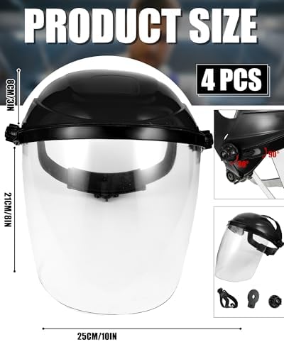 Tellegloww 4 Pcs Clear Safety Face Shield for Grinding & Cutting, Lightweight Full Impact Resistant with Adjustable Ratcheting Headgear Face Shield Mask for Work Chemical Woodworking Industrial, Black