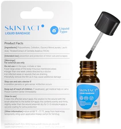 SkinTact Liquid Bandage with Centella Asiatica Extract & Glyceryl Monolaurate – Long-Lasting Waterproof, Transparent Coverage for Minor Cuts & Scrapes, Keep in First Aid kit, 0.3 oz