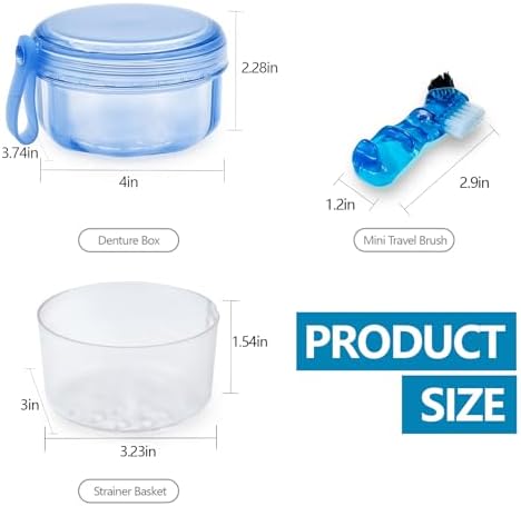 No Leak Partial Denture Case Retainer Bath Box Cup, Denture Soaking Cup False Teeth Holder Box Case with Strainer Basket and Brush - Transparent Blue