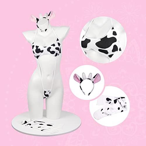 paloli Womens Anime Cow Cosplay Bikini Lolita Kawaii Bra and Panty Set Japanese Underwear White Stocking