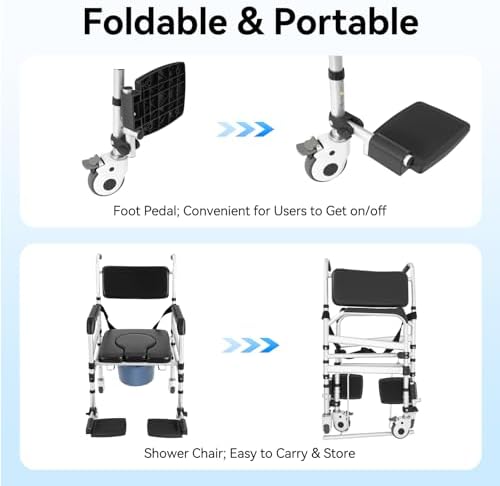 Shower Chair with Wheels, Rolling Bedside Commode Chair with Arms for Seniors, Height Adjustable Foldable Shower Commode Toilet Wheelchair with Footrests & Bucket for Adults Elderly Disabled