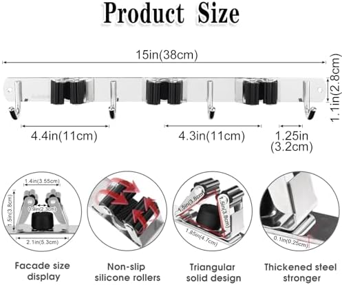 3 Racks and 4 Hooks Broom and Mop Holder Wall Mounted Garage Organizer Storage Tool Racks Stainless Steel Heavy Duty Hooks Self Adhesive Solid Non-slip Wall Hangers for Home Kitchen Garden Laundry