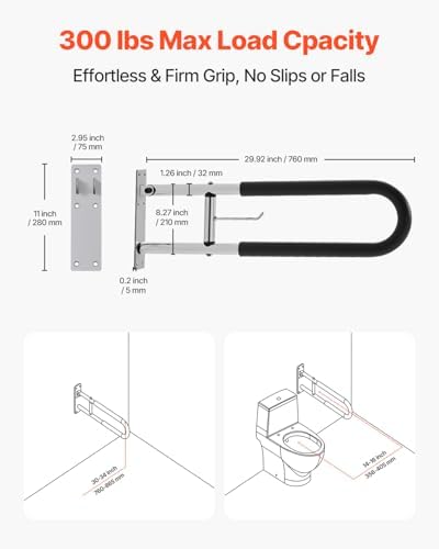 VEVOR Toilet Safety Rail, 30 Inch U-Shaped Handicap Grab Bar, Foldable Senior Safety Pole, Flip Up Toilet Grab Bars with Anti-Slip Handle, 300 Lbs Load Capacity Security Handrail with Paper Holder