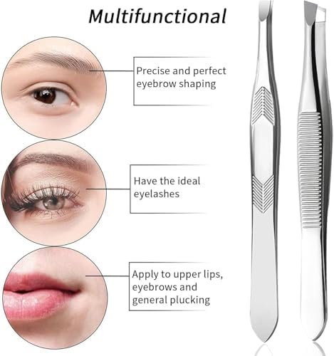 2Pcs/Set Stainless Steel Eyebrow Tweezer Eyebrow Clip for Hair Removal Precision Makeup Tools Clamp Safe for Easy to Cleaning (Silver, 9cm)