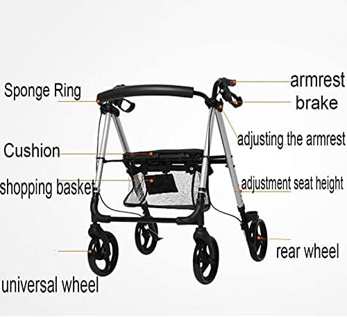 Folding 4 Wheels Elderly Walker Trolley with Seat,Bariatric Rollator,Lockable Brakes,Adjustable Height Transport Rest Chair Shopping Sharing