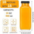 CUCUMI 10pcs 16oz Glass Juice Bottles with Lids, Reusable Juice Containers Drinking Jars Water Cups with Brush, Glass Straws, Lids with Hole | 10pcs, with Lids, Reusable, Juice Containers, Drinking Jars, Water Cups