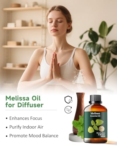 Melissa Essential Oil, Pure Melissa Oil Mumianhua Lemon Balm Oil, Uplifting Citrus-Herb Scent for Diffuser, Skin, Hair & Personal Care, 3.38 Fl Oz