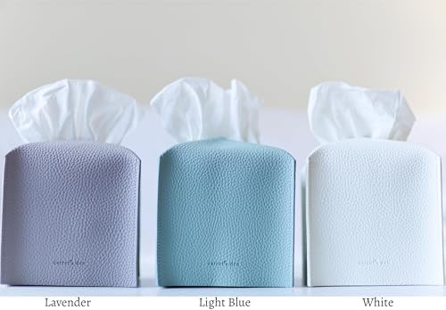 Tissue Box Cover Holder, Square with Bottom Belt by Carrot's Den - PU Leather Decorative Organizer for Tabletop, Bathroom, Car, Office (Light Blue)