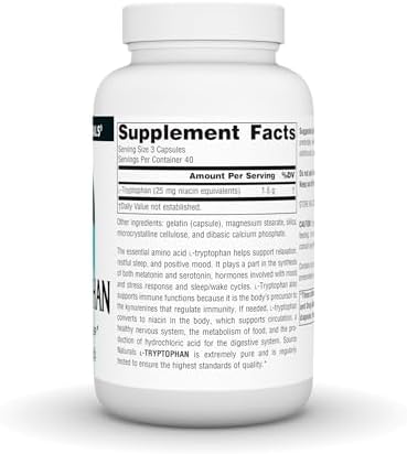 Source Naturals L-Tryptophan, for Mood, Relaxation, and Sleep*, 500mg - 120 Capsules
