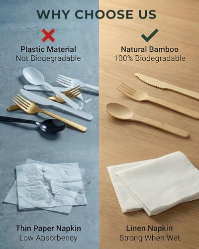 100 Pack Pre-Rolled Bamboo Silverware with Linen-Feel Airlaid Napkins - Heavy Duty Biodegradable Flatware Kit - Compostable Utensils for Weddings, Parties (Plastic Cutlery Alternative)