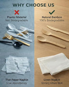 100 Pack Pre-Rolled Bamboo Silverware with Linen-Feel Airlaid Napkins - Heavy Duty Biodegradable Flatware Kit - Compostable Utensils for Weddings, Parties (Plastic Cutlery Alternative)