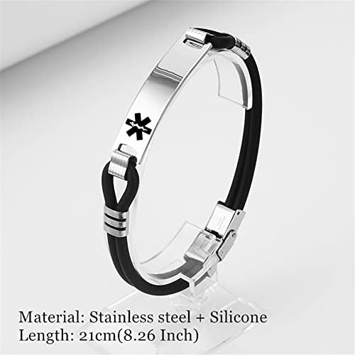 Engravable Medical Alert ID Allergy Awareness Namplate Silicone Bracelet Bangle for Women Men Personalized Medic Conditions Identification Wristband Unisex Meds Jewelry SOS, 8.26 Inch