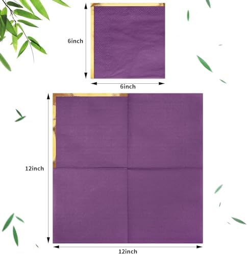 Fulmoon 100 Pack 2 Ply Cocktail Napkins Paper Gold Foil Trim Edge Beverage Dessert Disposable Paper Napkins Dinner Baby Shower Wedding Birthday Party Tableware Decorations, 5 x 5 Inches(Purple)