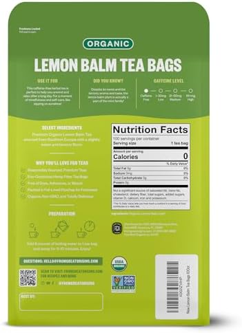 FGO Organic Lemon Balm Tea, 100 Count, Eco-Conscious Herbal Tea Bags, Resealable Bag, Caffeine Free, Packaging May Vary (Pack of 1)