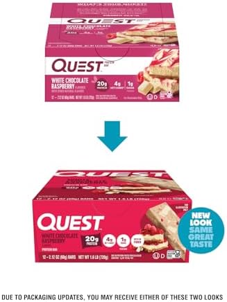 Quest Nutrition White Chocolate Raspberry Protein Bars, 20g Protein, 1g Sugar, 5g Net Carb, High Fiber, Gluten Free, Keto Friendly, 12 Count