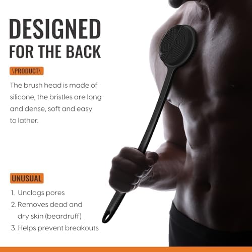 Silicone Back Scrubber for Shower, 17in Lengthen Long Handle Body Brush, Double Sided Shower Brush for Shower Exfoliating and Massage Can Produce Rich Foam, Long Handle Back Scrubber for Men