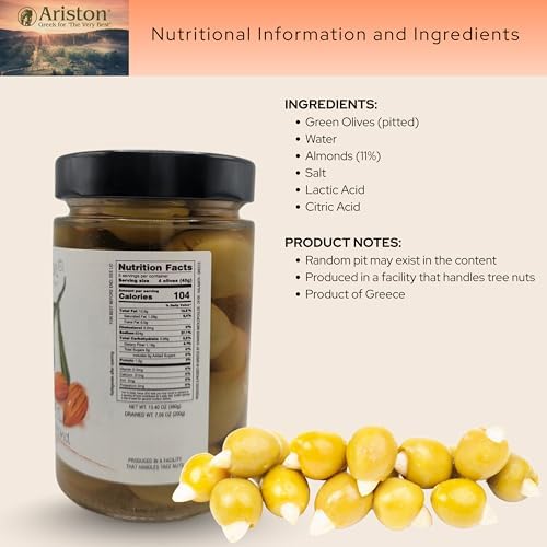 Ariston “The Very Best” Greek Gourmet Olives | Premium Handpicked | Rich in Polyphenols, Oleic Acid & Vitamin E | Natural Antioxidants | Green Olives stuffed with Almonds