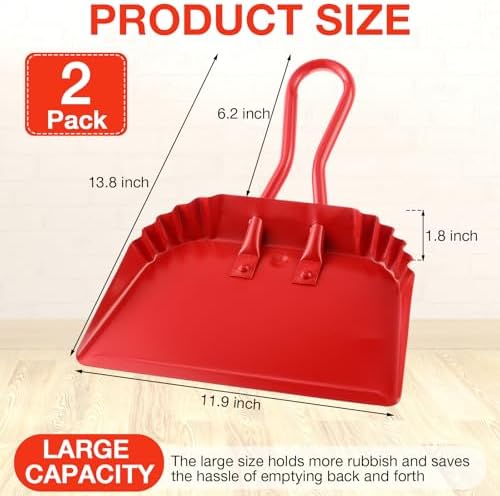 Mumufy 2-Pack Heavy Duty Stainless Steel Red Dustpan - 12" Wide Metal Edge for No-Leak Sweeping, Rust-Resistant for Home Garage Studio Courtyard Indoor Outdoor