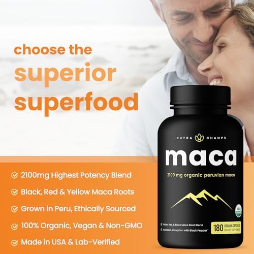 NutraChamps USDA Organic Maca Root Capsules for Women & Men, 2100mg, 180 Capsules, Black, Red & Yellow, Peruvian Maca Peruana, Extra Strength Pure Premium Gelatinized Root Powder Supplement