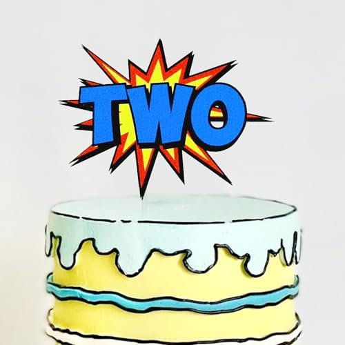 Comic Book Two Cake Topper, Comic Book Explosion Boom Two Cake Décor for Boys Kids, Hero theme 2nd Birthday Cake Décor, Comic Superhero Party Decoration Supplies