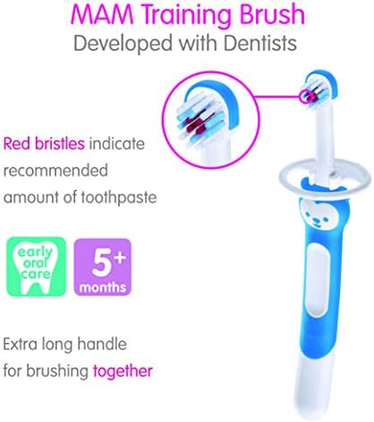 MAM Training Toothbrush for Babies (1 Baby's Brush with Safety Shield), Baby Toothbrush with Brushy The Bear Character, Interactive App, for Boys 5+ Months, Blue