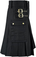 Black Utility Kilt for Men Traditional Scottish Highland Wear Solid Pleated Cotton with Cargo Pockets