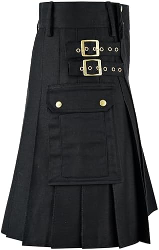 Black Utility Kilt for Men Traditional Scottish Highland Wear Solid Pleated Cotton with Cargo Pockets