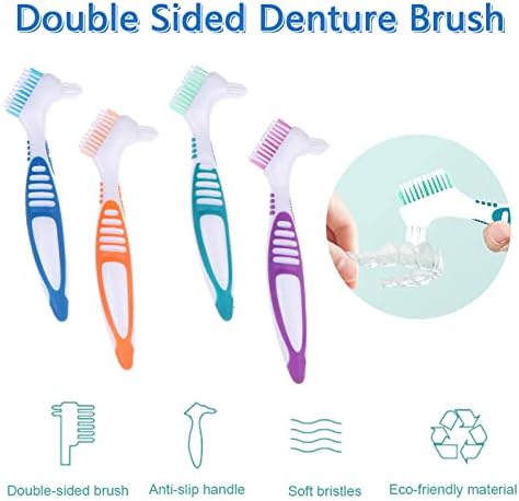 Denture Brush, 4 Pieces Small Toothbrush for Dentures, Multi-Layered Bristles Ergonomic Rubber Handle for False Teeth Cleaning