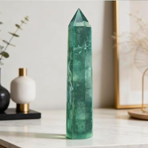 5.9 Inch Green Fluorite Point Wand, Natural Hexagonal Prism Crystal Pillar, Single Point Fluorite Crystal Stick, Reiki Healing Energy Stone, Craft Ornament for Meditation Home Decor Spiritual Gift