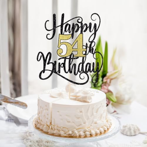 happy 54th birthday cake topper,54 birthday party cake decorations Black and gold flashes
