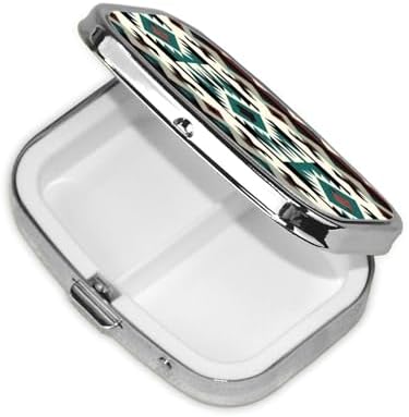 Teal Turquoise Tribal Navajo Aztec Geometric Ethnic Pattern Portable Pill Box for Pocket or Purse Pill Case Decorative Metal Medicine Vitamin Organizer