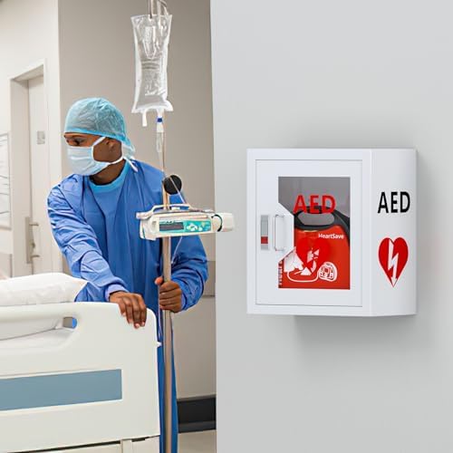 NLShan Wall-Mounted AED Cabinet, Metal Steel Plate Storage Cabinet with Snap Lock, Fits All Brands Cardiac Science, 14.2 x 7.8 x 15.7 Inch